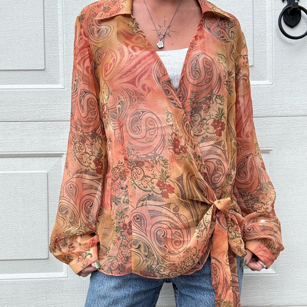 Boho Orange and Green Paisley Top Sz M